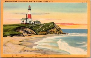 Postcard NY LI - Montauk Point and Light on the Tip of Long Island