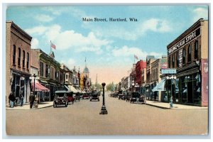 Hartford Wisconsin Postcard Main Street Business Section Scene c1920' Cars Flag