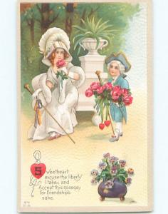 Unused Pre-Linen valentine GIRL GETS FLOWERS FROM MAN IN COLONIAL CLOTHES k5477