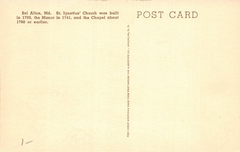 F52/ Bel Alton Maryland Postcard Albertype c1920s St Ignatius' Church