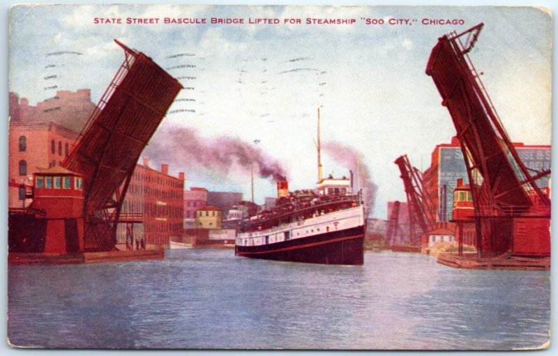 M-55808 State Street Bascule Bridge Lifted For Steamship Soo City Chicago Ill...