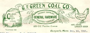 1915 CAMPELLO MASS G.F. GREEN COAL CO HARDWARE POULTRY  BILLHEAD INVOICE Z1087