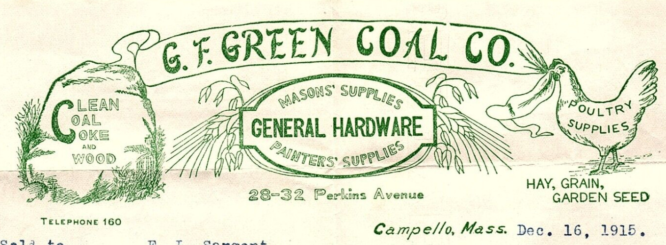 1915 Campello Mass G.F. Green Coal CO Hardware Poultry Billhead Invoice ...