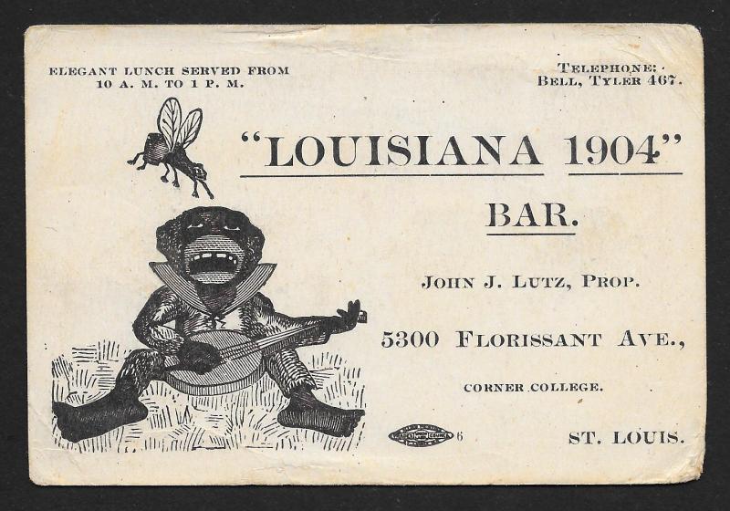 VICTORIAN TRADE CARD Louisiana 1904 Bar Black Man, Bango & Bee