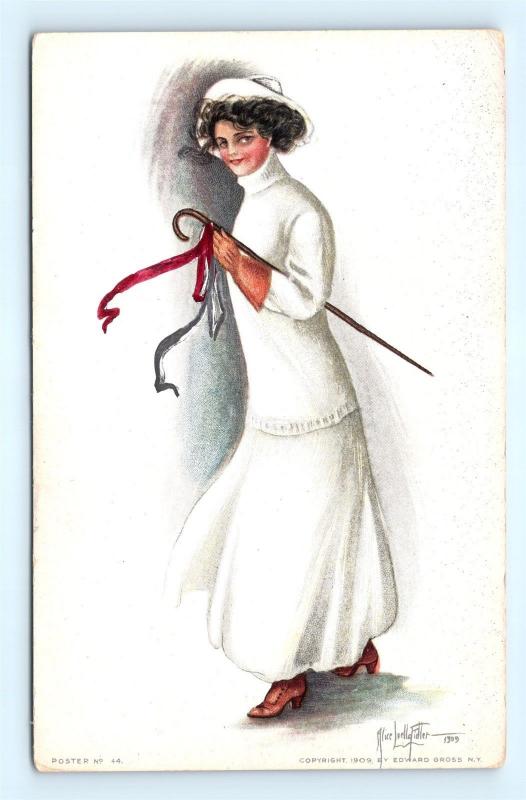 Postcard Artist Signed Alice Luella Fidler 1909 Woman White Dress Cane G19