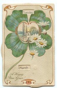 Postcard Dial Calendar Happy New Year Vintage Standard View Card 4 Leaf Clover 