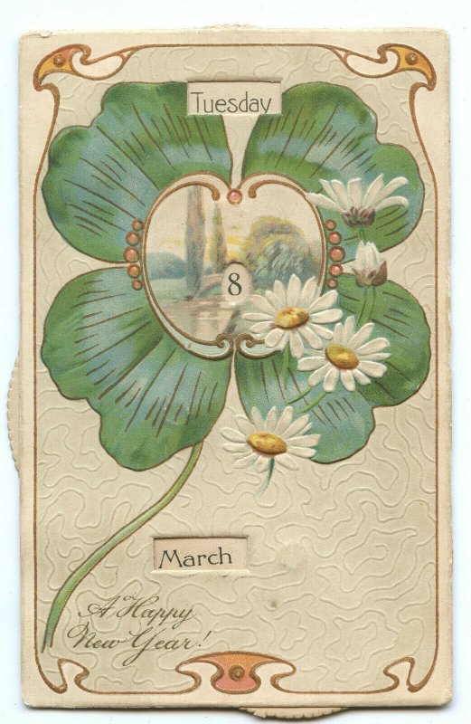 Postcard Dial Calendar Happy New Year Vintage Standard View Card 4 Leaf Clover 