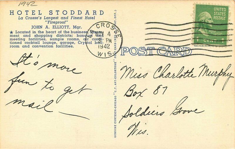 Hotel Stoddard roadside La Crosse Wisconsin Multi View Postcard Teich 11533