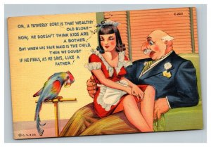 Vintage 1940 Comic Postcard Sexy Maid Sits on Old Man's Lap - Funny 