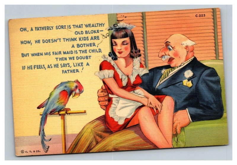 Vintage 1940 Comic Postcard Sexy Maid Sits on Old Man's Lap - Funny