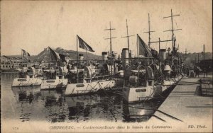 Cherbourg France Torpedo Boat Ship on Waterfront Vintage Postcard