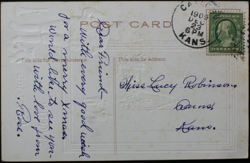 Merry Christmas Singing Boy Rural Scene Embossed