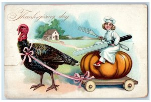 1908 Thanksgiving Turkey Pulling Wagon Chef Sat Giant Pumpkin Tuck's Postcard