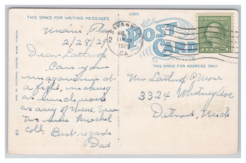 Miami Beach Florida Flamingo Hotel Postcard c1929 Postmark
