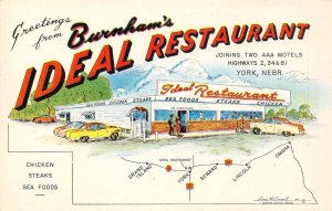 York, Nebraska BURNHAM'S IDEAL RESTAURANT Roadside Diner 1950s Vintage Postcard
