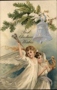 Christmas Child Angels Blow Horn Play Harp Embossed c1910 Vintage Postcard