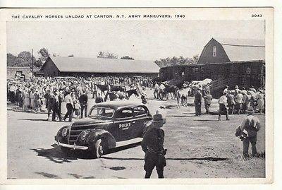 Military -- CAVALRY HORSES unload at CANTON, NY, Police Car,