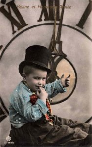 German Birthday Little Boy Evil Smile Top Hat Tinted Real Photo Vintage Postcard