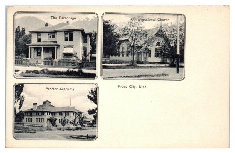 Congregational Church, Parsonage and Procter Academy, Provo City, UT Postcard