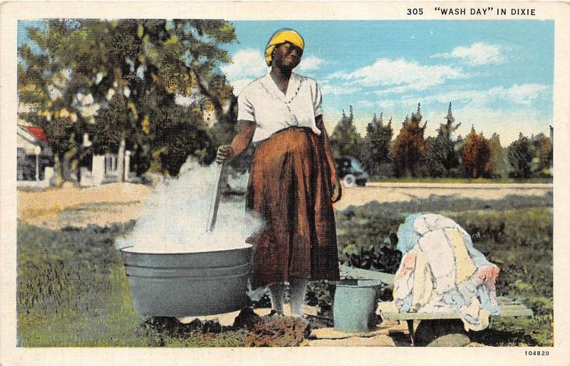 E23/ Black Americana Postcard c1940s Wash Day in Dixie Woman Tub Fire 7