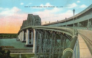 Vintage Postcard 1930's Huey P. Long Bridge New Orleans LA Louisiana