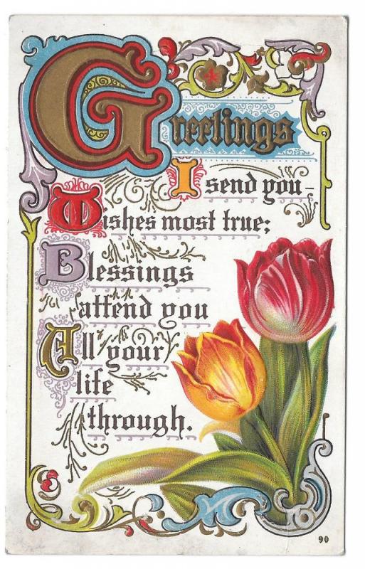 Greetings Friendship Motto Postcard Illuminated Letters 