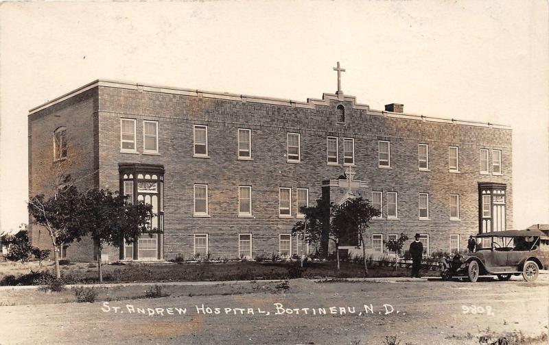 Bottineau North Dakota~St Andrew Hospital~Men by Vintage Car in Front~c1910 RPPC