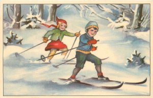 Postcard 1930s Children Skiing Artist winter Scene artist impression 22-14383