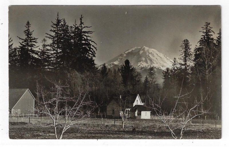 Lovely View of House & Barn with Mt. Rainier Enumclaw Washington RPPC