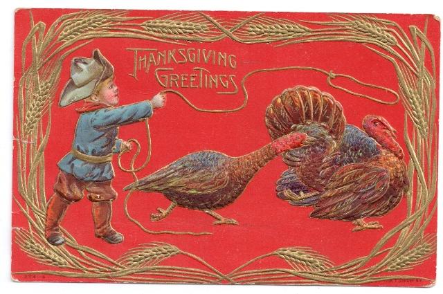 Thanksgiving Postcard Boy Cowboy Lasso Lariat Turkey Gold Embossed Vintage San