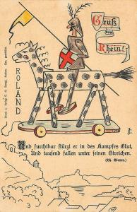 Germany Gruss vom Rhein Artist Signed CJ Wooden Horse Soldier Postcard