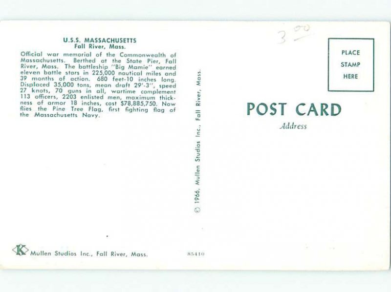 Pre-1980 military USS MASSACHUSETTS NAVY BATTLESHIP BOAT Fall River MA AF4036