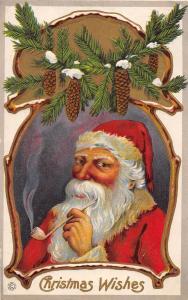 A97/ Santa Claus Merry Christmas Holiday Postcard c1910 Smoking Pipe Pine 9