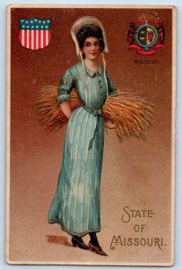 State Of Missouri Postcard Pretty Woman With Wheat Embossed c1910's Antique