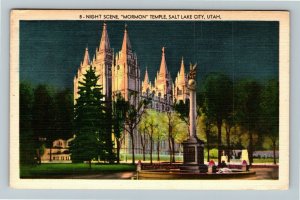 Salt Lake City UT-Utah, Mormon Tabernacle, Night Scene Linen c1952 Postcard