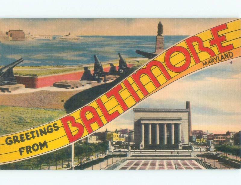 Linen BIG LETTERS - GREETINGS FROM -2 VIEWS ON ONE POSTCARD Baltimore MD E9280