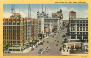 1940s Broadway, Streetcars Downtown San Diego, California Vintage Postcard