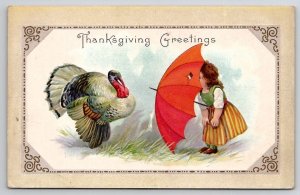 Thanksgiving Greetings Girl Red Umbrella And Turkey Postcard V22