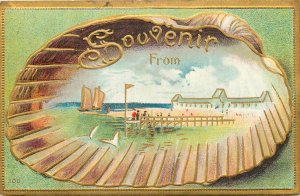 A & S Embossed Postcard 309, Scallop Shell Border Souvenir from -- Beach Scene