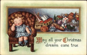 CHRISTMAS Girl Dreams of Toys DOLL BOAT DOLLHOUSE c1910 Postcard