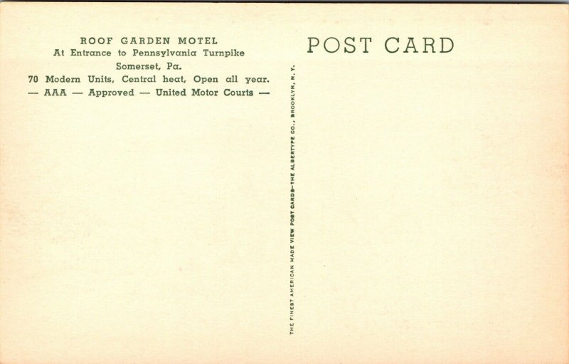 Postcard Roof Garden Motel in Somerset, Pennsylvania~138004