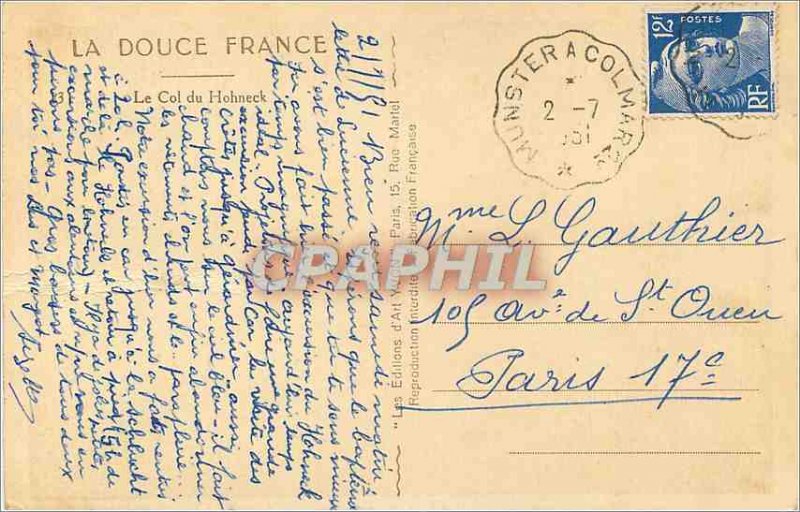 Old Postcard Douce France Col du Hohneck