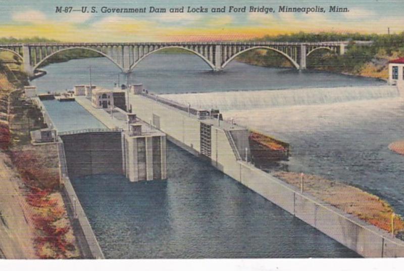 Minnesota Minneapolis-St Paul U S Government Dam & Locks & Ford Bridge Curteich