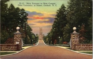 Durham NC~Duke University West Campus~Main Entrance SunsetScene~1936 Linen K11