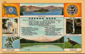 Oregon Song With State Bird Flag Flower Seal and Multi View Curteich