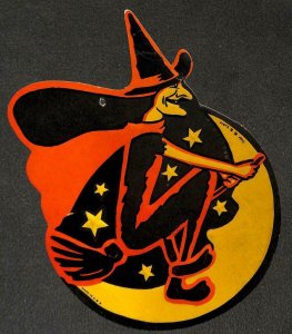 HALLOWEEN HOLIDAY WITCH ON BROOMSTICK EMBOSSED M.E. LUHRS DIE-CUT MADE IN USA