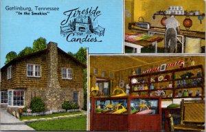 Linen Postcard Multiple Views of Fireside Candies in Gatlinburg, Tennessee