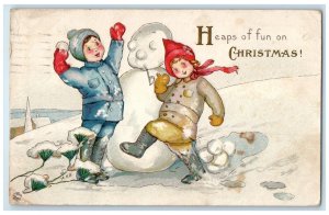 Christmas Children Snowman Pipe Winter Scene Embossed Des Moines IA Postcard