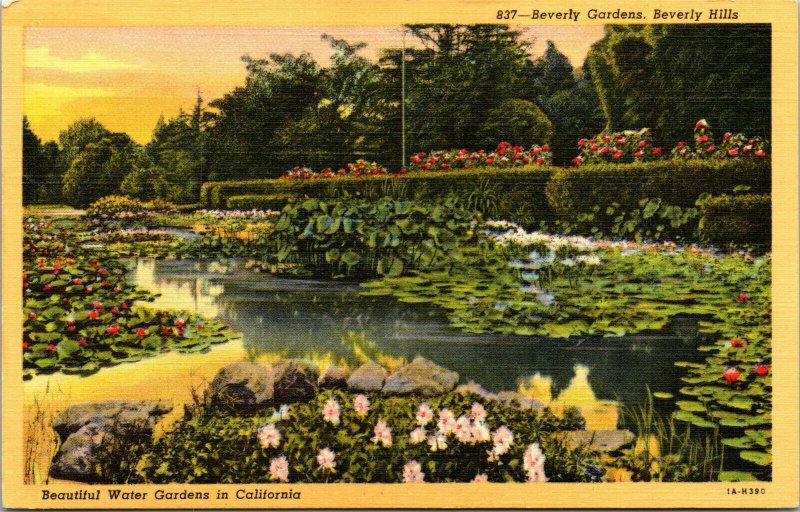 Vtg 1930's Beautiful Water Garden in Beverly Hills California CA Linen Postcard