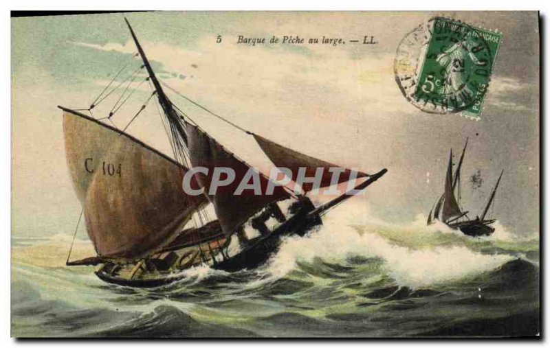 Old Postcard Fishing Boat Barque wide at fishing